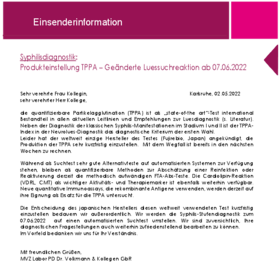 Juni: Syphilisdiagnostik - Produkteinstellung TPPA . Geänderte Luessuchreaktion ab 07.06.2022